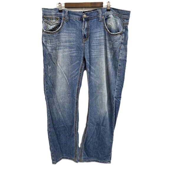 Seven7 Distressed Straight Leg Jeans Medium Wash Contrast Stitch Men’s 40x32 - Picture 2 of 16